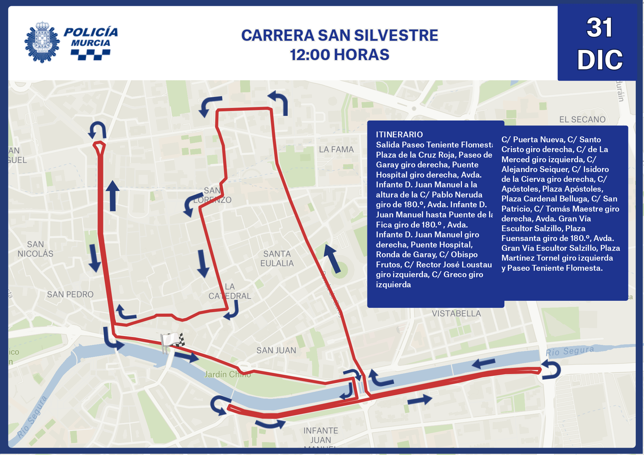 Plano con el itinerario de la carrera San Silvestre 2023