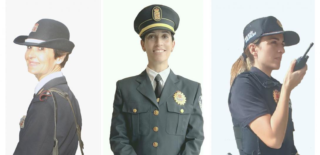 Tres mujeres policías locales con uniforme de diferentes épocas